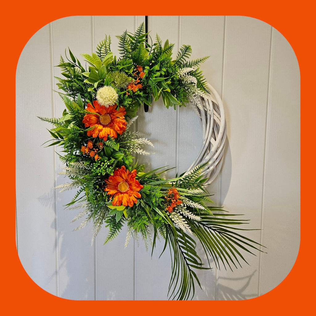 The Proper Orange Pop Wreath - Handcrafted with Vibrant Orange Blooms & Lush Greenery on Natural Wicker Base for Seasonal Home Decor