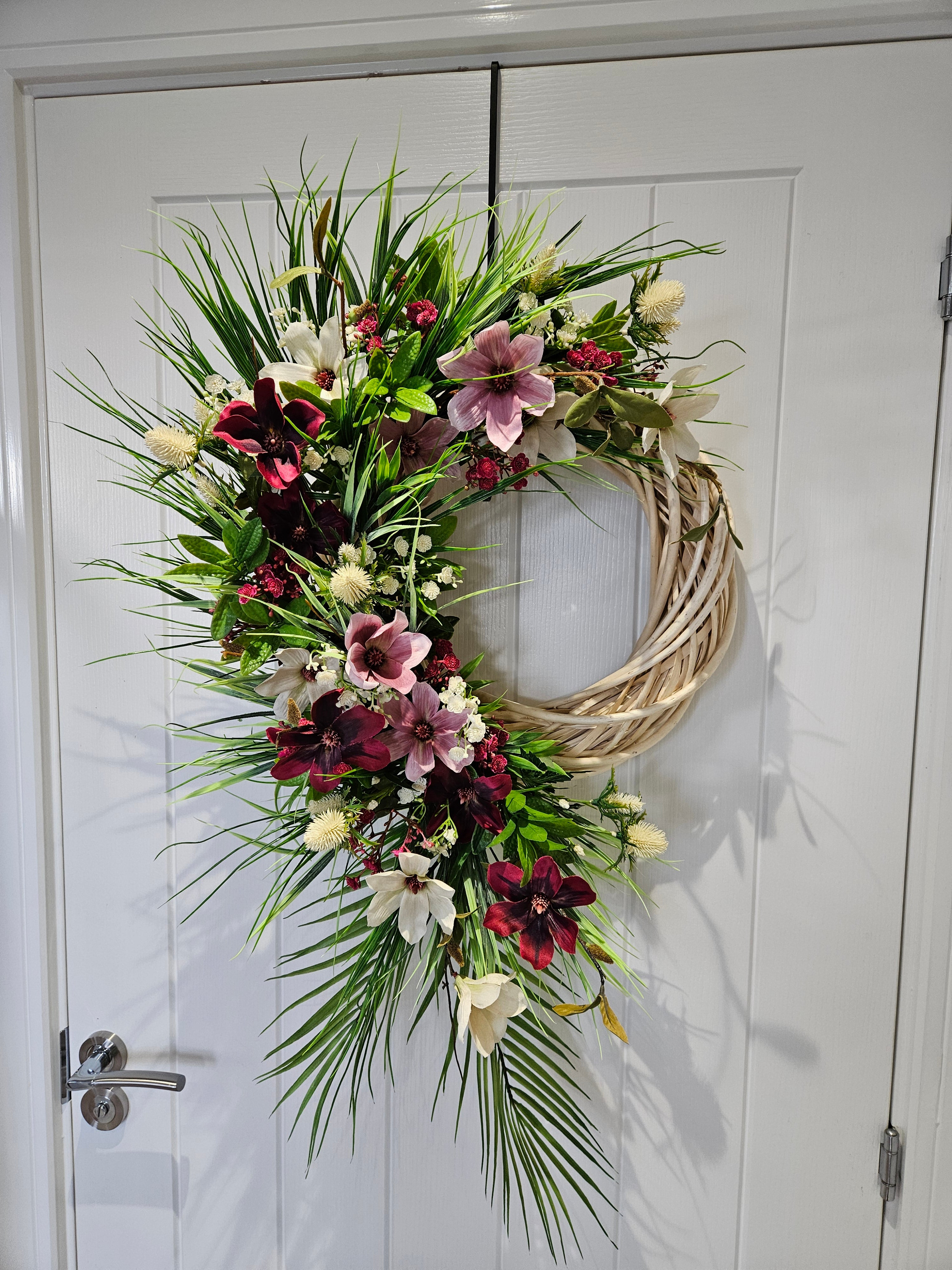 No Quiet Entrance Bold & Dramatic Wreath with Rich Burgundy Blush & Creamy Blooms Untamed Greenery Decorative Statement Piece