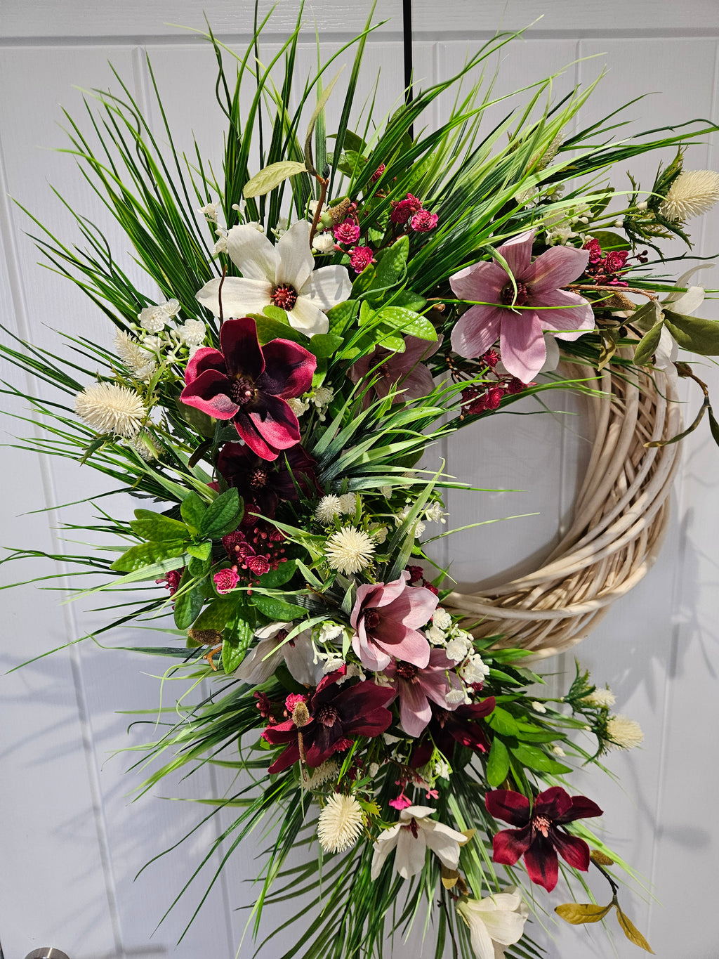 No Quiet Entrance Bold & Dramatic Wreath with Rich Burgundy Blush & Creamy Blooms Untamed Greenery Decorative Statement Piece