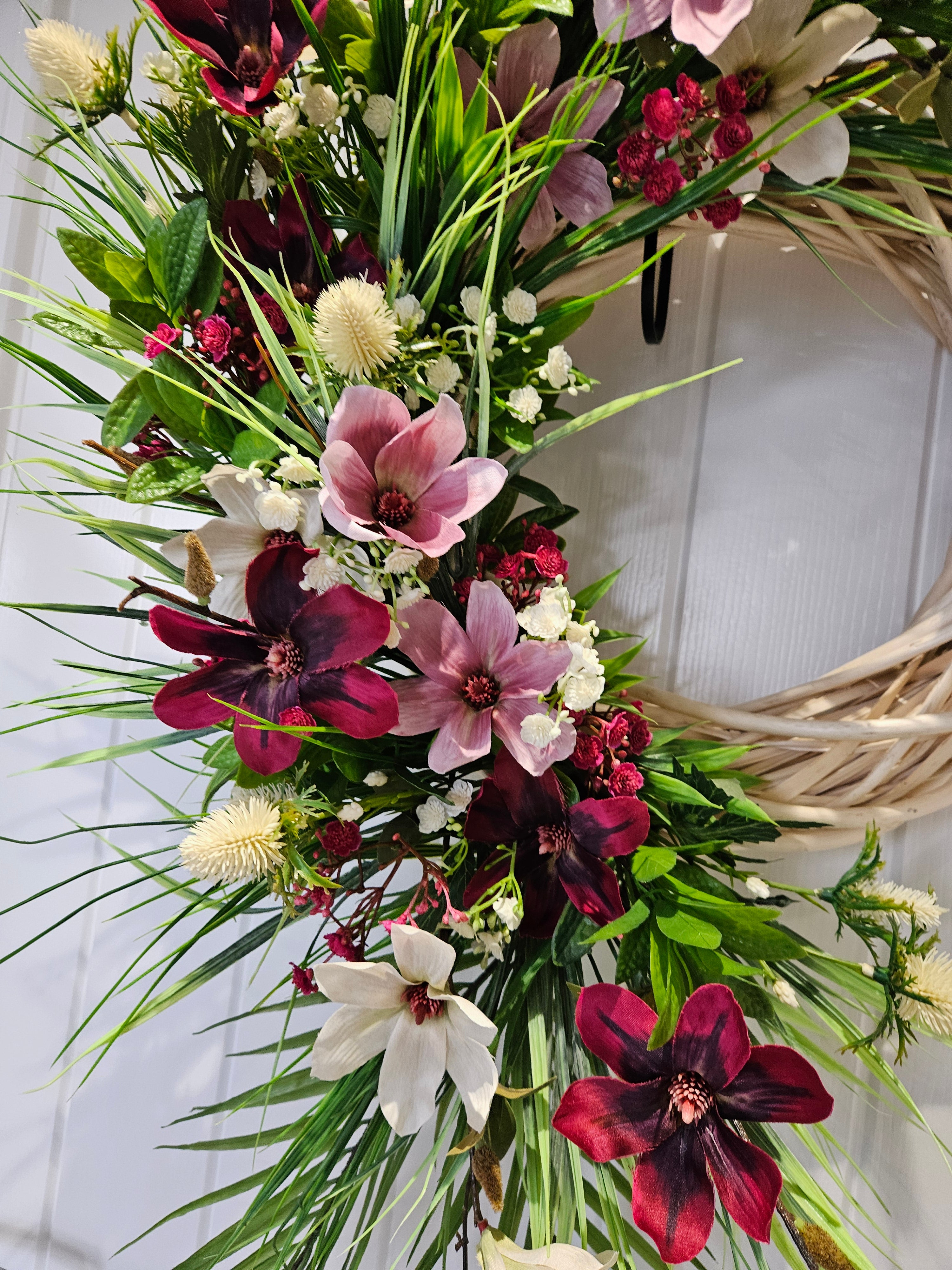 No Quiet Entrance Bold & Dramatic Wreath with Rich Burgundy Blush & Creamy Blooms Untamed Greenery Decorative Statement Piece