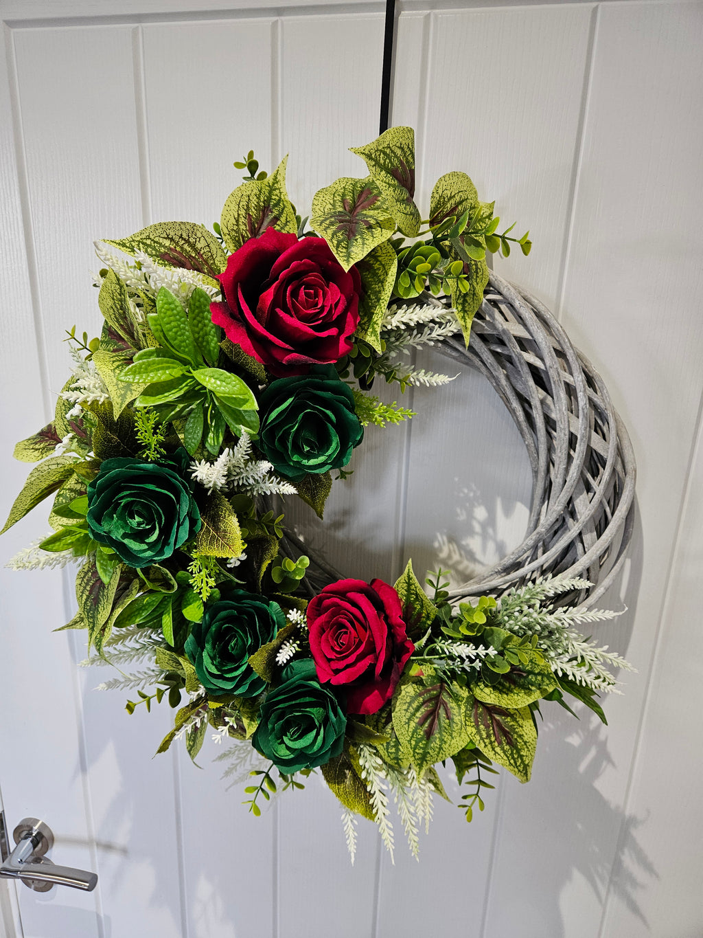 Red & Green Proper Show-Off Wreath - Bold Deep Red Roses & Rich Green Blooms on Rustic Base for Classy Door Decor - Decorative