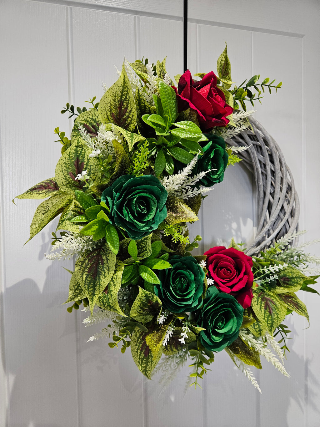 Red & Green Proper Show-Off Wreath - Bold Deep Red Roses & Rich Green Blooms on Rustic Base for Classy Door Decor - Decorative