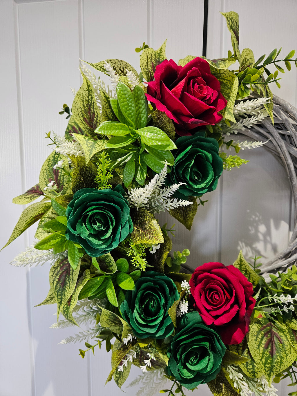 Red & Green Proper Show-Off Wreath - Bold Deep Red Roses & Rich Green Blooms on Rustic Base for Classy Door Decor - Decorative