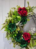 Red & Green Proper Show-Off Wreath - Bold Deep Red Roses & Rich Green Blooms on Rustic Base for Classy Door Decor - Decorative