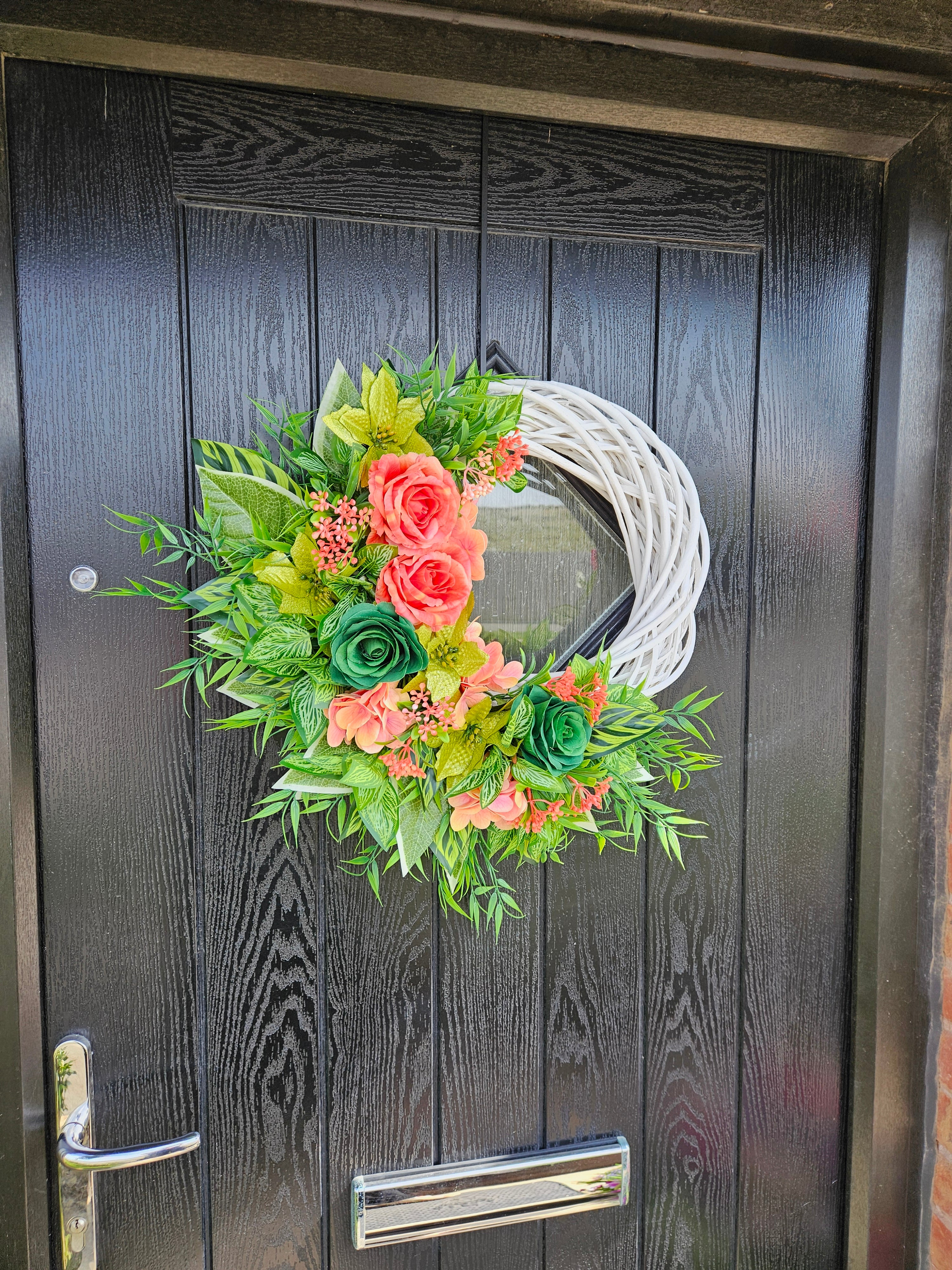 Coral Crush & Emerald Sass Wreath – Bold Floral Statement Door Décor with Vibrant Roses, Lush Greenery and a Fresh, Modern Blooming Proper Twist That Refuses to Be Ignored