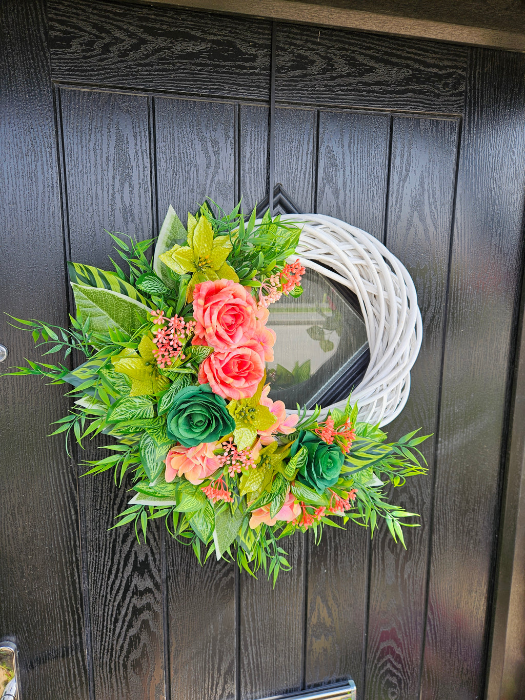 Coral Crush & Emerald Sass Wreath – Bold Floral Statement Door Décor with Vibrant Roses, Lush Greenery and a Fresh, Modern Blooming Proper Twist That Refuses to Be Ignored