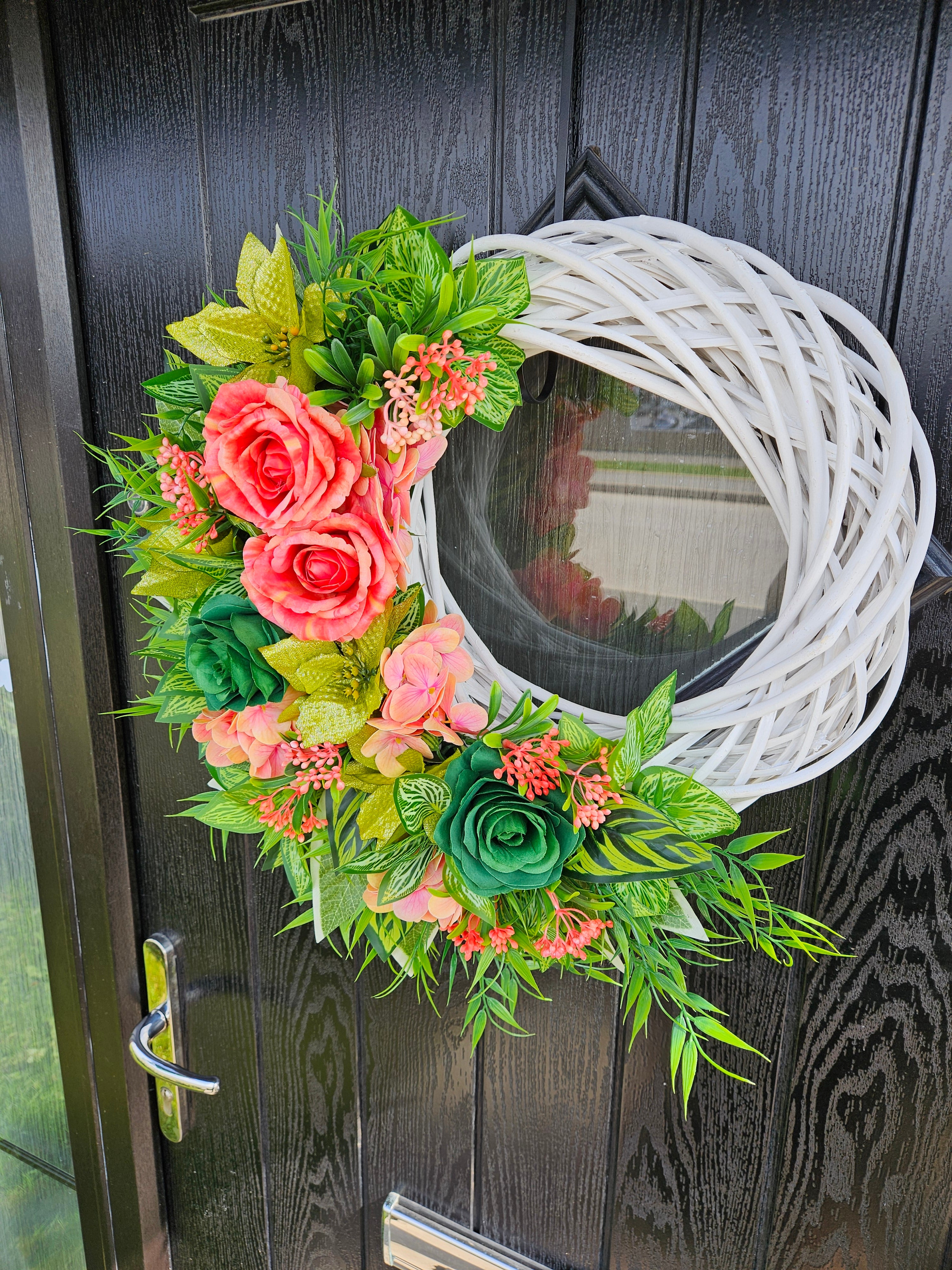 Coral Crush & Emerald Sass Wreath – Bold Floral Statement Door Décor with Vibrant Roses, Lush Greenery and a Fresh, Modern Blooming Proper Twist That Refuses to Be Ignored