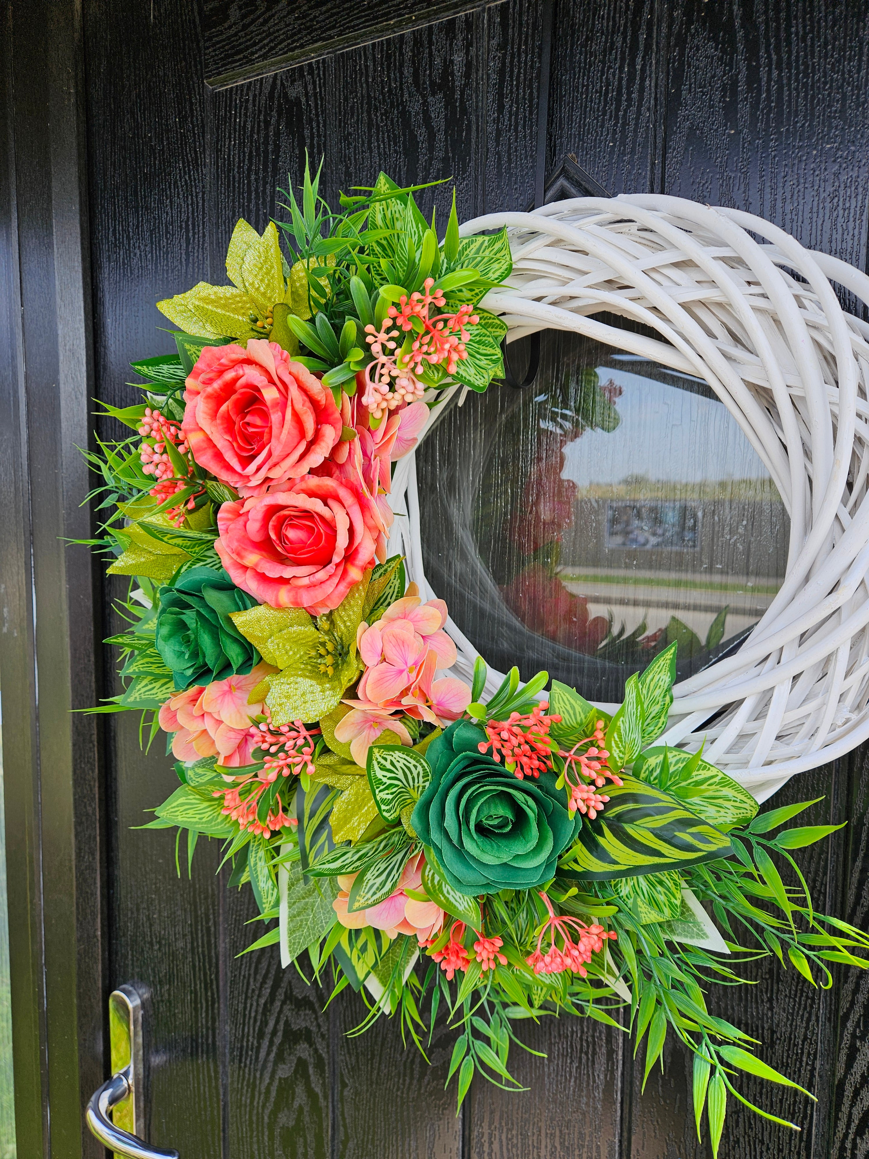 Coral Crush & Emerald Sass Wreath – Bold Floral Statement Door Décor with Vibrant Roses, Lush Greenery and a Fresh, Modern Blooming Proper Twist That Refuses to Be Ignored