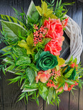 Coral Crush & Emerald Sass Wreath – Bold Floral Statement Door Décor with Vibrant Roses, Lush Greenery and a Fresh, Modern Blooming Proper Twist That Refuses to Be Ignored