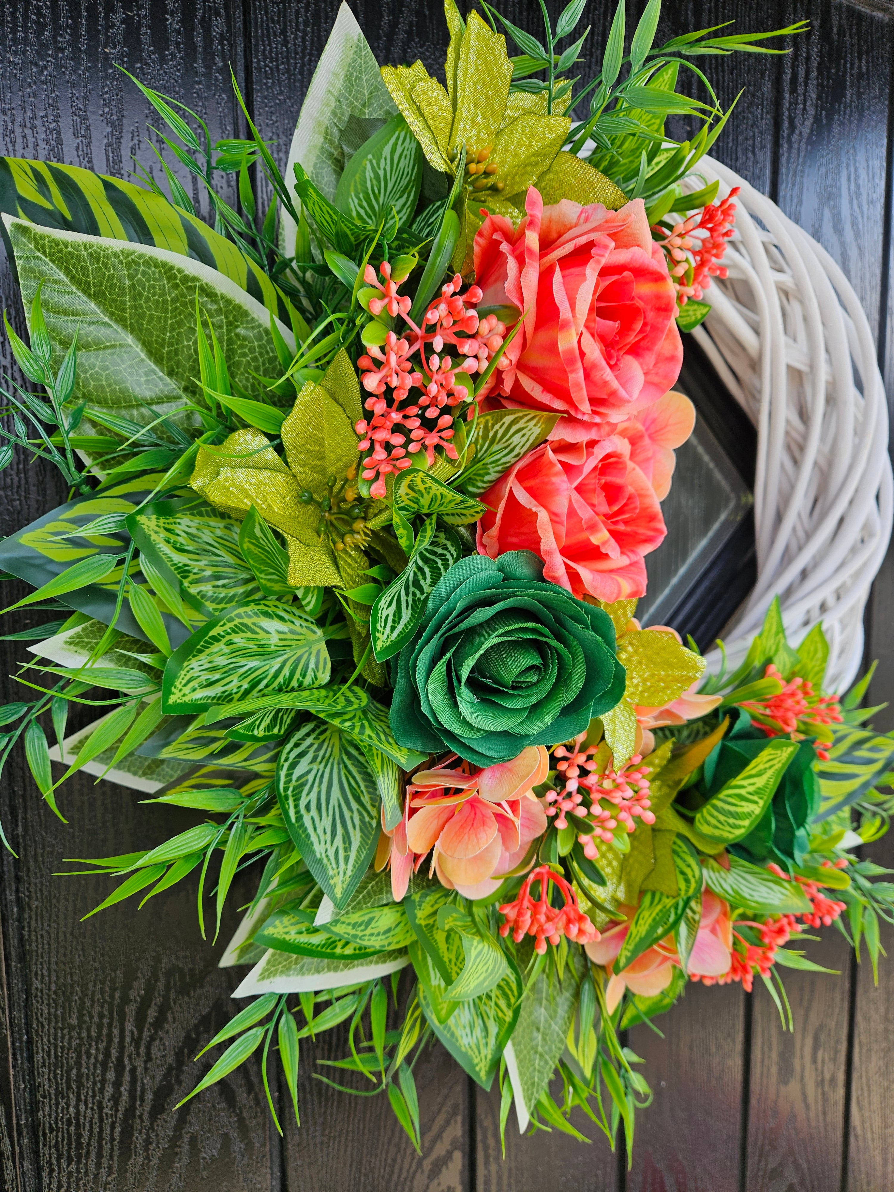 Coral Crush & Emerald Sass Wreath – Bold Floral Statement Door Décor with Vibrant Roses, Lush Greenery and a Fresh, Modern Blooming Proper Twist That Refuses to Be Ignored