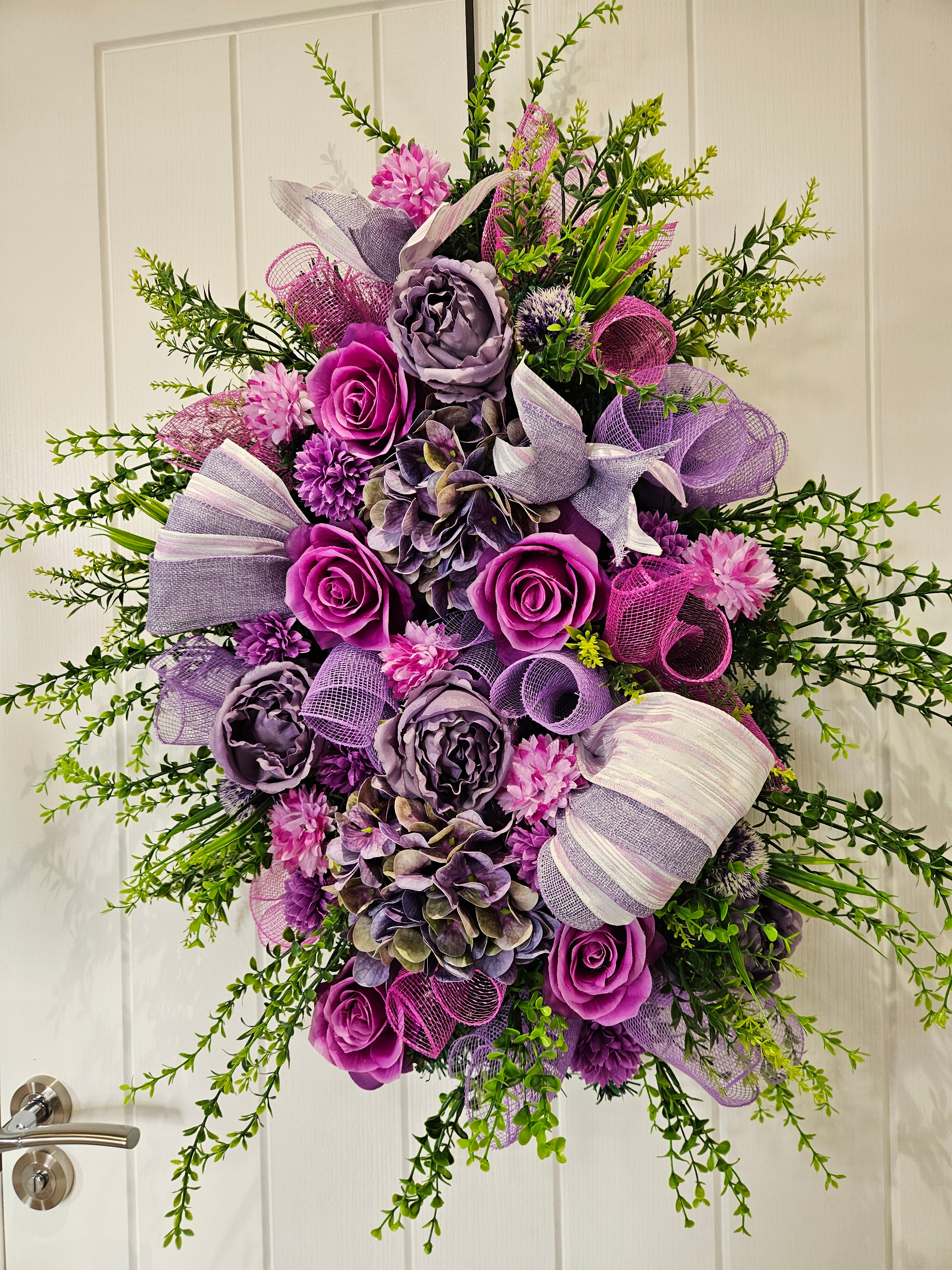 Purple Reign & Petal Drama Wreath – Luxe Floral Statement with Bold Magenta Roses, Soft Lilac Blooms and Layered Textures, Designed to Turn Heads and Bring Full Blooming Proper Energy to Any Door
